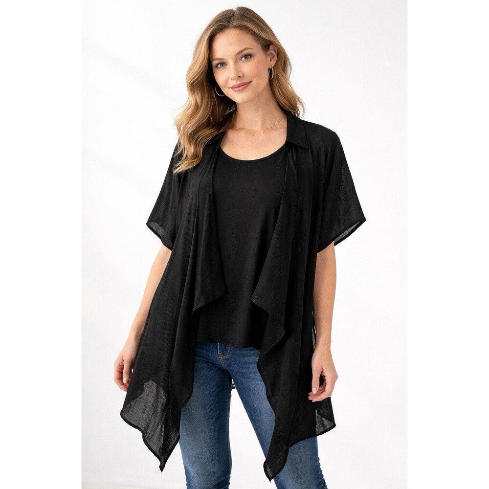 Essentials 2 Piece Black Sheer Cardigan Set Draped Open Front Top Layering OS - Picture 12 of 15